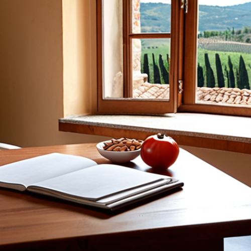 **

A cozy Italian study space with a clean wooden desk, ergonomic chair, and soft natural light. A "Pomodoro" timer is visible. A glass of water and a small plate of almonds are on the desk. In the background, a glimpse of a Tuscan landscape through a window. The overall feeling is calm and focused, promoting effective study habits during breaks.

**
