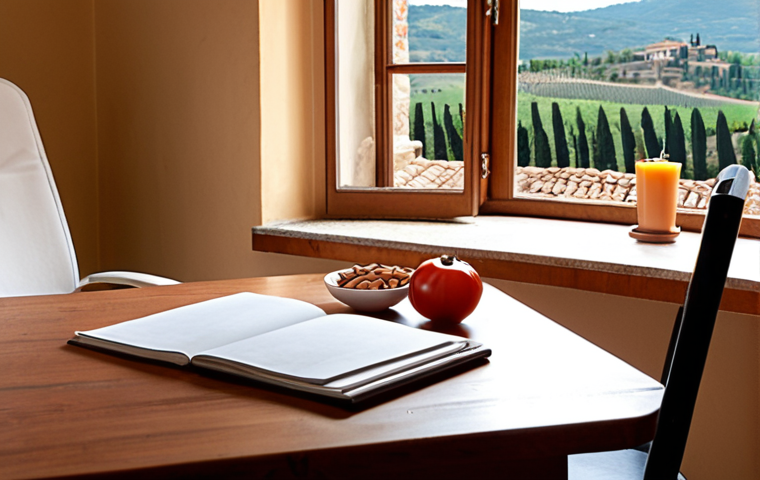 **

A cozy Italian study space with a clean wooden desk, ergonomic chair, and soft natural light. A "Pomodoro" timer is visible. A glass of water and a small plate of almonds are on the desk. In the background, a glimpse of a Tuscan landscape through a window. The overall feeling is calm and focused, promoting effective study habits during breaks.

**