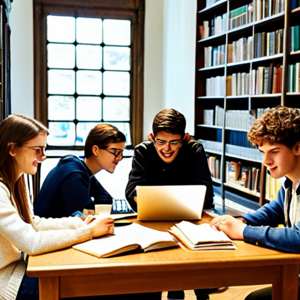 효율적인 그룹 스터디 일정 만들기 - **A vibrant, collaborative study group in a sunlit Roman library.** Students are fully clothed in ca...