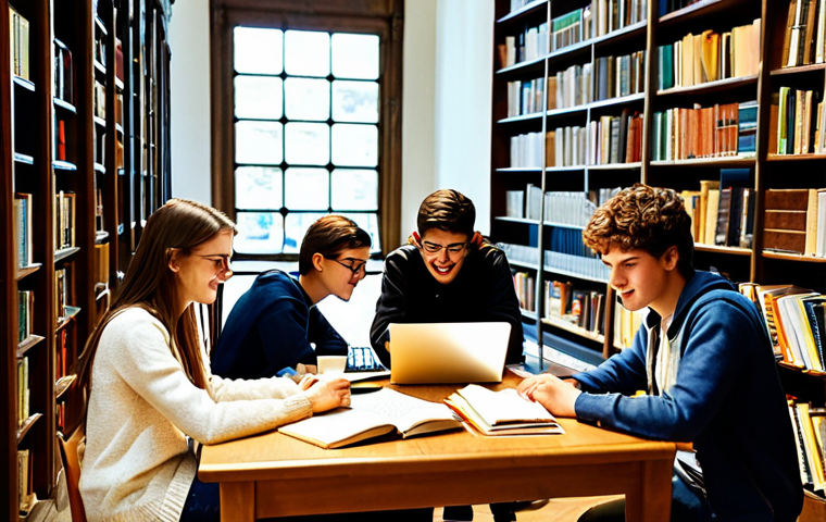 효율적인 그룹 스터디 일정 만들기 - **A vibrant, collaborative study group in a sunlit Roman library.** Students are fully clothed in ca...